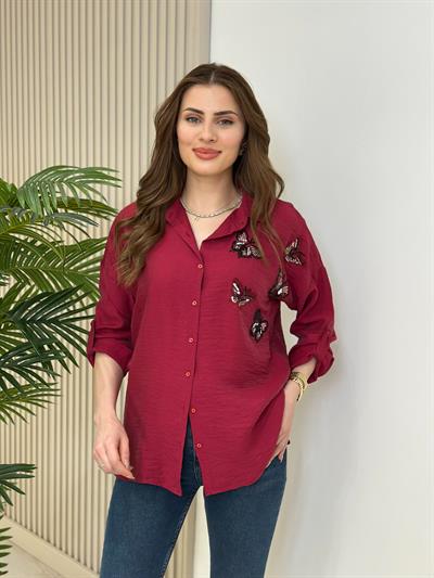 Kelebek İşlemeli Ayrobin Gömlek Bordo