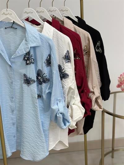 Kelebek İşlemeli Ayrobin Gömlek Bordo