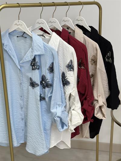 Kelebek İşlemeli Ayrobin Gömlek Mavi