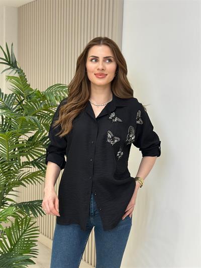 Kelebek İşlemeli Ayrobin Gömlek Siyah