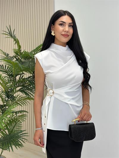 Kemer Detaylı Krep Kumaş Premium Seri Bluz Beyaz