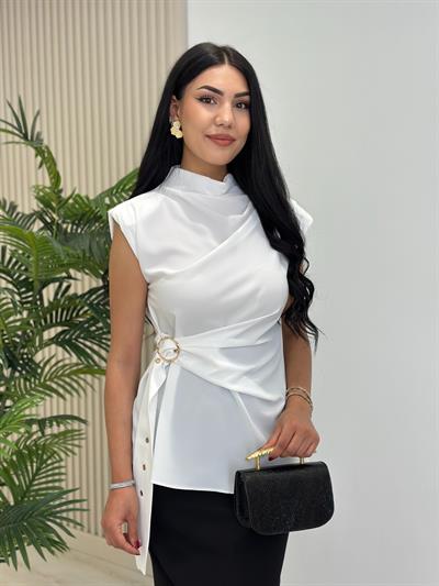 Kemer Detaylı Krep Kumaş Premium Seri Bluz Beyaz