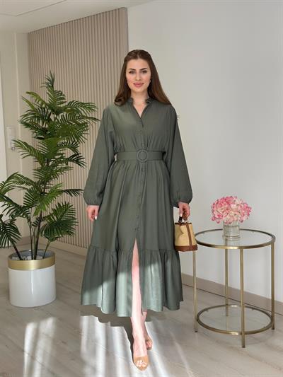 Kemerli Balon Kol Gömlek Elbise Haki