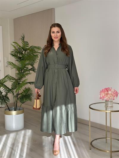 Kemerli Balon Kol Gömlek Elbise Haki