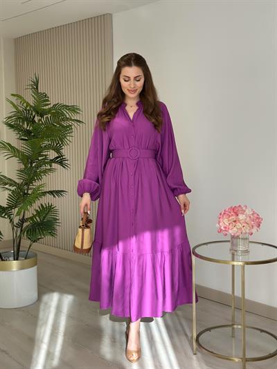 Kemerli Balon Kol Gömlek Elbise Mor
