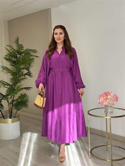 Kemerli Balon Kol Gömlek Elbise Mor