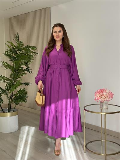 Kemerli Balon Kol Gömlek Elbise Mor