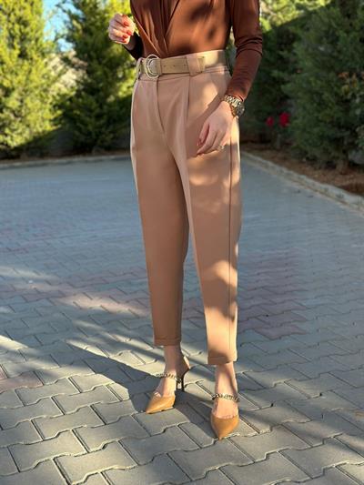 Kemerli Double Kumaş Havuç Pantolon Camel