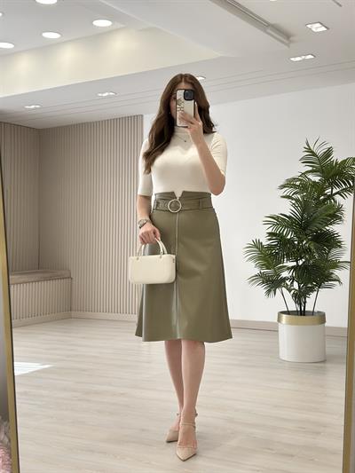 Kemerli Fermuar Detaylı Deri Etek Haki