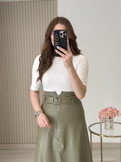 Kemerli Fermuar Detaylı Deri Etek Haki