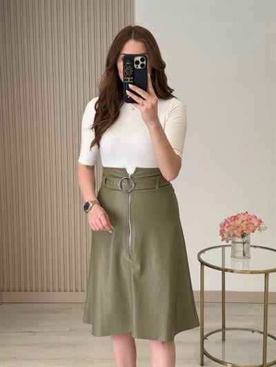 Kemerli Fermuar Detaylı Deri Etek Haki