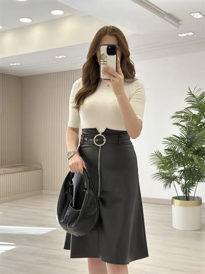 Kemerli Fermuar Detaylı Deri Etek Siyah