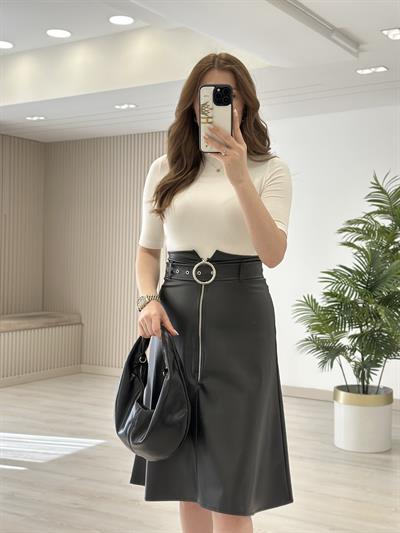 Kemerli Fermuar Detaylı Deri Etek Siyah