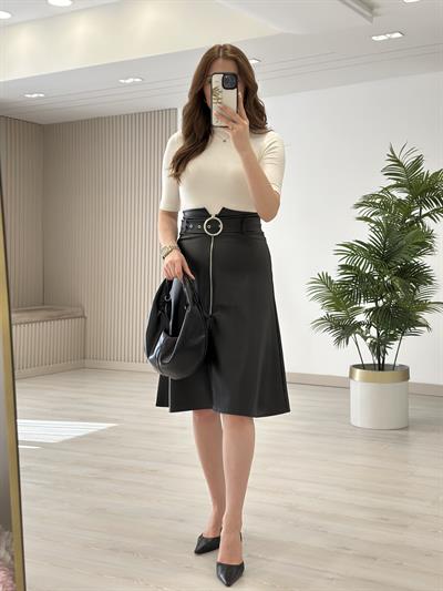 Kemerli Fermuar Detaylı Deri Etek Siyah