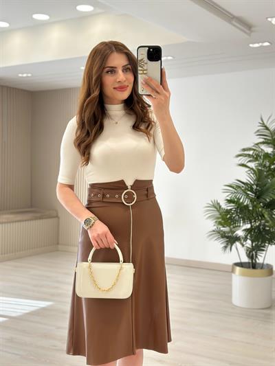 Kemerli Fermuar Detaylı Deri Etek Taba