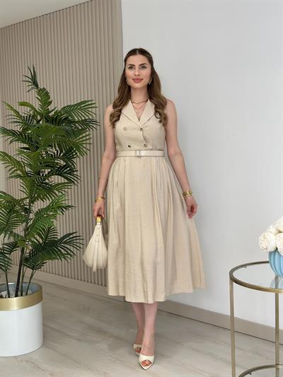Kemerli Gömlek Yaka Bambu Elbise Bej