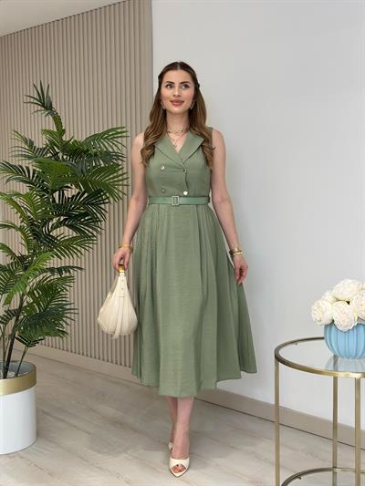 Kemerli Gömlek Yaka Bambu Elbise Haki