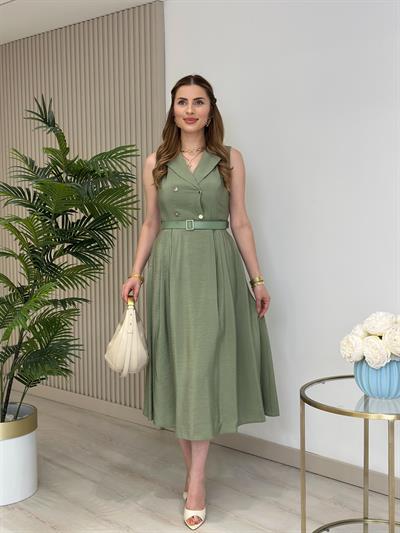 Kemerli Gömlek Yaka Bambu Elbise Haki