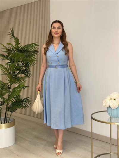 Kemerli Gömlek Yaka Bambu Elbise Mavi