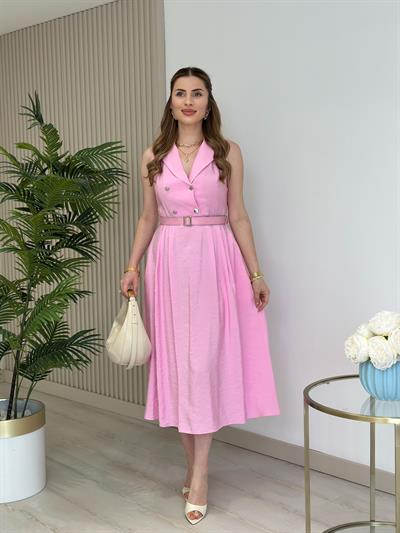 Kemerli Gömlek Yaka Bambu Elbise Pembe