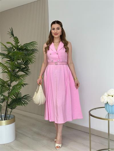 Kemerli Gömlek Yaka Bambu Elbise Pembe