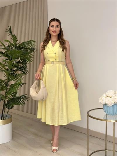 Kemerli Gömlek Yaka Bambu Elbise Sarı