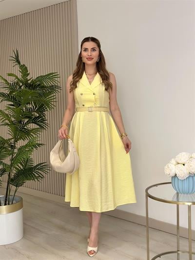 Kemerli Gömlek Yaka Bambu Elbise Sarı