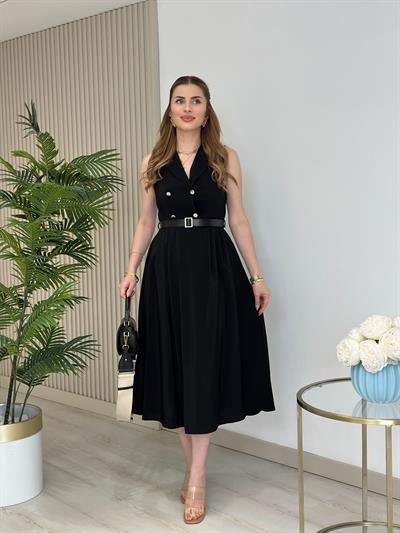 Kemerli Gömlek Yaka Bambu Elbise Siyah