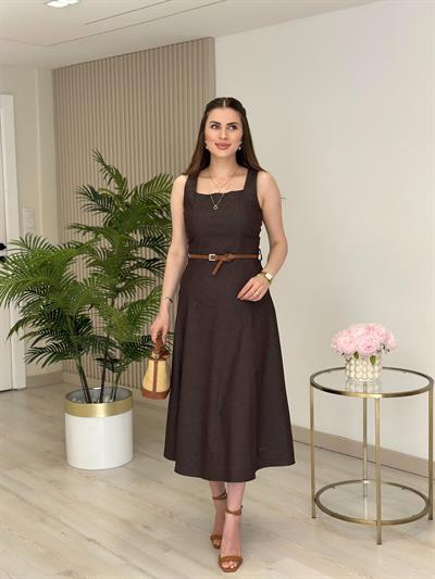 Kemerli Kalın Askılı Likralı Kloş Kot Elbise Kahve