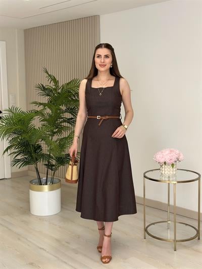 Kemerli Kalın Askılı Likralı Kloş Kot Elbise Kahve