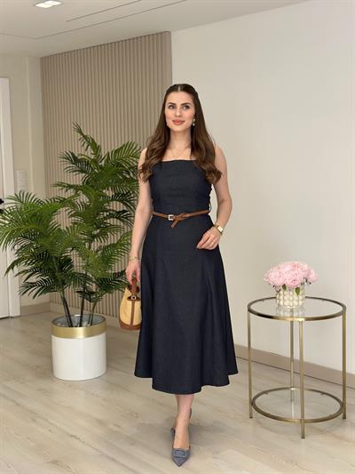 Kemerli Kalın Askılı Likralı Kloş Kot Elbise Lacivert