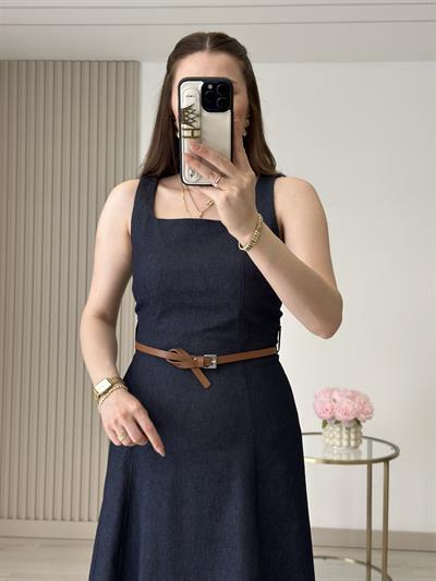 Kemerli Kalın Askılı Likralı Kloş Kot Elbise Lacivert