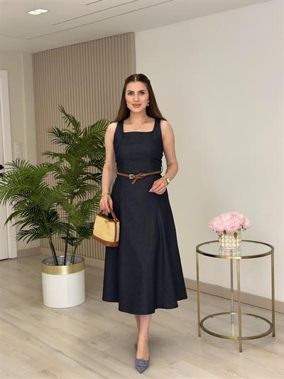Kemerli Kalın Askılı Likralı Kloş Kot Elbise Lacivert