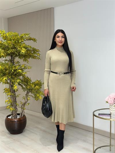 Kemerli Kloş Dik Yaka Triko Elbise Su Yeşili