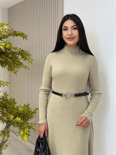 Kemerli Kloş Dik Yaka Triko Elbise Su Yeşili