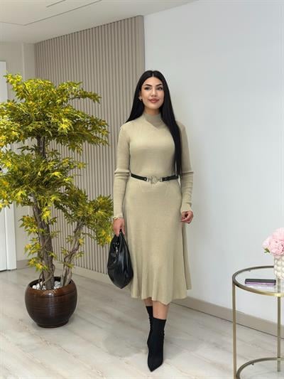 Kemerli Kloş Dik Yaka Triko Elbise Su Yeşili