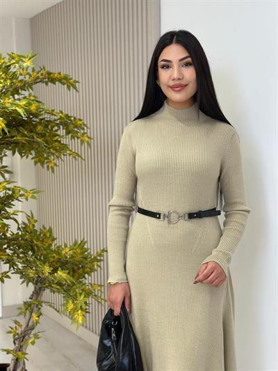 Kemerli Kloş Dik Yaka Triko Elbise Su Yeşili