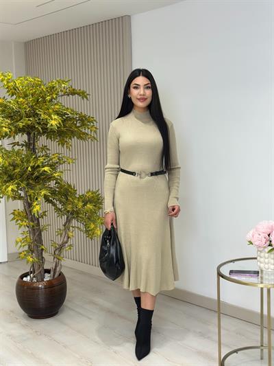 Kemerli Kloş Dik Yaka Triko Elbise Su Yeşili