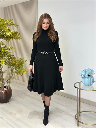 Kemerli Kloş Triko Elbise Siyah