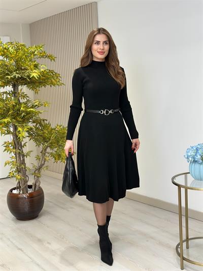 Kemerli Kloş Triko Elbise Siyah