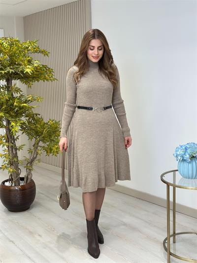 Kemerli Kloş Dik Yaka Triko Elbise Vizon