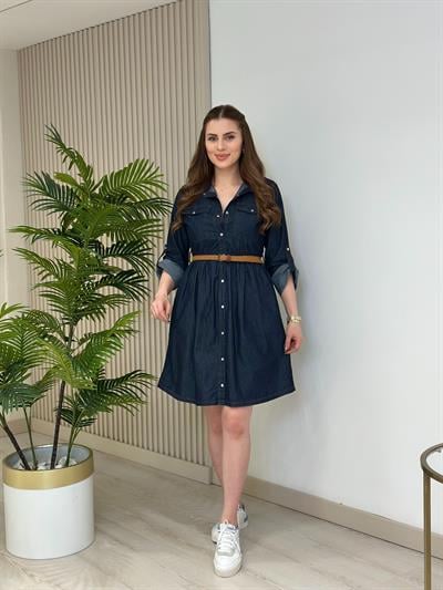 Kemerli Kot Gömlek Elbise Lacivert