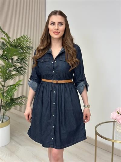 Kemerli Kot Gömlek Elbise Lacivert