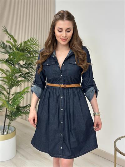 Kemerli Kot Gömlek Elbise Lacivert