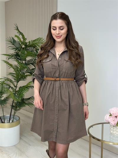 Kemerli Kot Gömlek Elbise Vizon