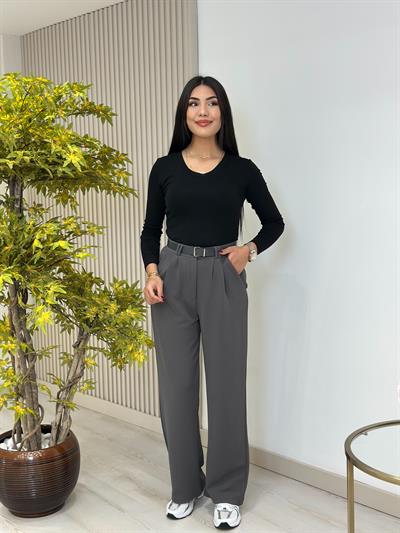 Kemerli Likralı Krep Kumaş Pantolon Gri