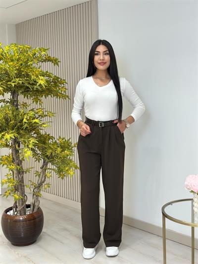 Kemerli Likralı Krep Kumaş Pantolon Kahve