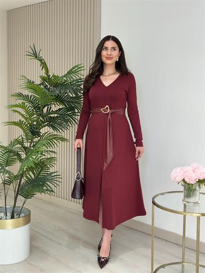 Kemerli Modal Kumaş V Yaka Elbise Bordo