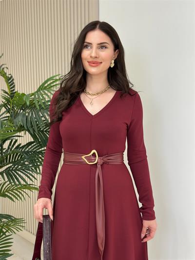 Kemerli Modal Kumaş V Yaka Elbise Bordo