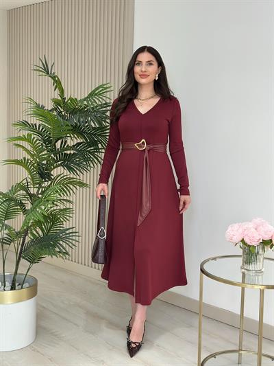 Kemerli Modal Kumaş V Yaka Elbise Bordo